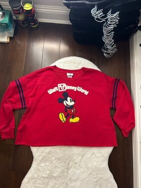 Official Disney Red Mickey Mouse Crop Sweatshirt with Navy Stripe Sleeves